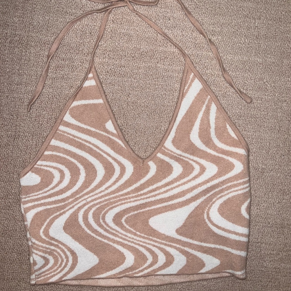 Tan and white cropped knit halter top